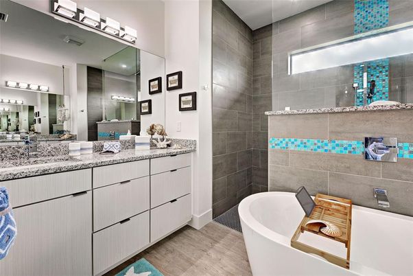 Bathroom, Dual Sink Vanities, Free Standing Baths, Interior, Wood Texture Flooring