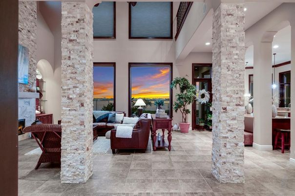 Fireplace, Interior, Living room, Recessed Lighting, Stone Walls