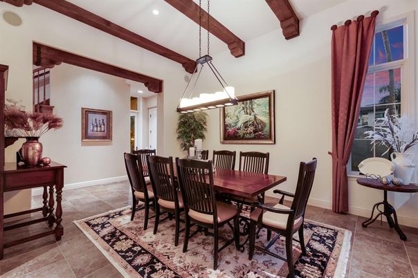 Dining room, Interior, Pendant Lights, Recessed Lighting, Wooden Beams