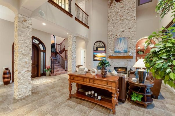 Fireplace, Interior, Recessed Lighting, Stone Walls