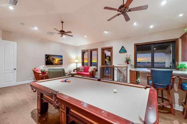 Billiard Table, Game Room, Interior, Recessed Lighting, Wood Texture Flooring