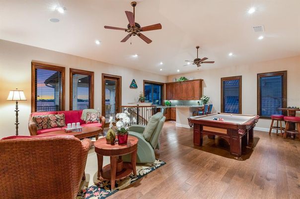 Billiard Table, Game Room, Interior, Living room, Recessed Lighting, Wood Texture Flooring
