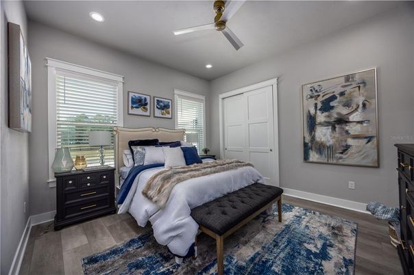 Bedroom, Interior, Recessed Lighting, Wood Texture Flooring