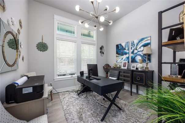 Home Office, Interior, Pendant Lights, Wood Texture Flooring