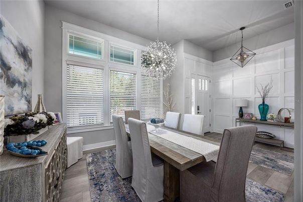 Dining room, Interior, Pendant Lights, Wood Texture Flooring