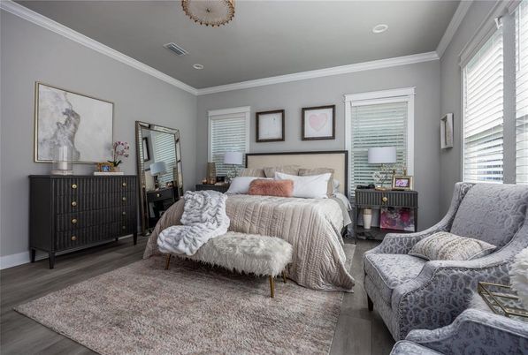Bedroom, Interior, Recessed Lighting, Wood Texture Flooring