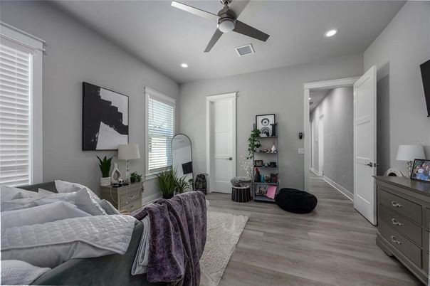 Bedroom, Interior, Recessed Lighting, Wood Texture Flooring