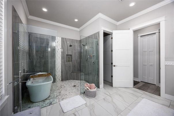 Bathroom, Free Standing Baths, Glass Shower, Interior, Marble, Recessed Lighting