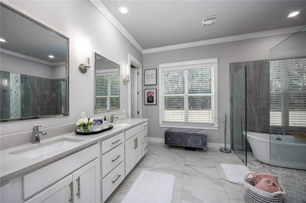 Bathroom, Dual Sink Vanities, Free Standing Baths, Glass Shower, Interior, Marble, Recessed Lighting