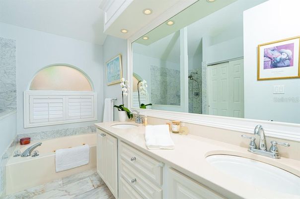 Bathroom, Dual Sink Vanities, Interior, Marble, Recessed Lighting