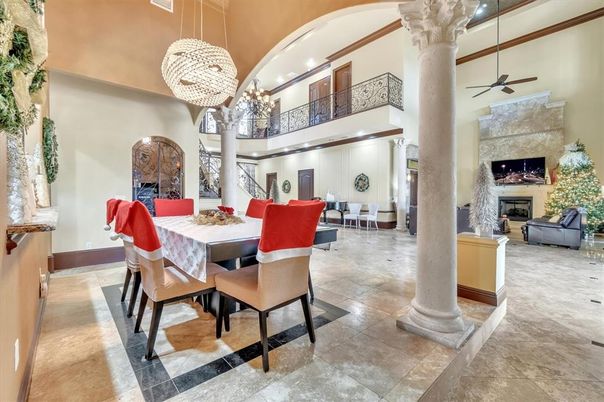 Chandelier, Dining room, Fireplace, Interior, Recessed Lighting