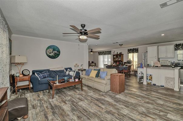 Dining room, Interior, Kitchen, Living room, Recessed Lighting, Wood Texture Flooring