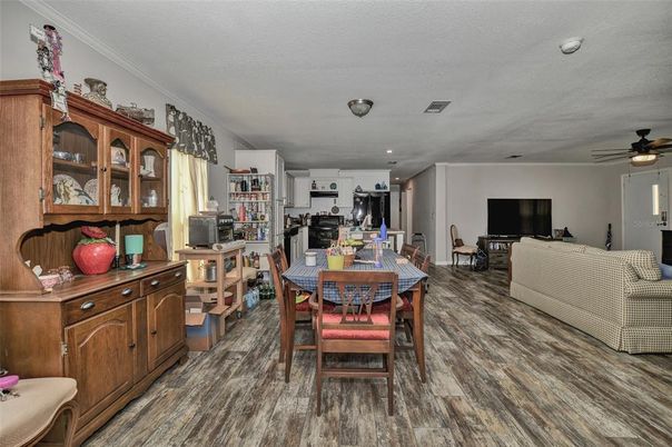 Dining room, Interior, Kitchen, Living room, Recessed Lighting, Wood Texture Flooring