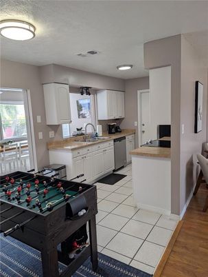 Billiard Table, Game Room, Interior, Kitchen, Recessed Lighting, Wood Texture Flooring