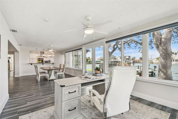 Dining room, Interior, Kitchen, Pendant Lights, Water, Wood Texture Flooring