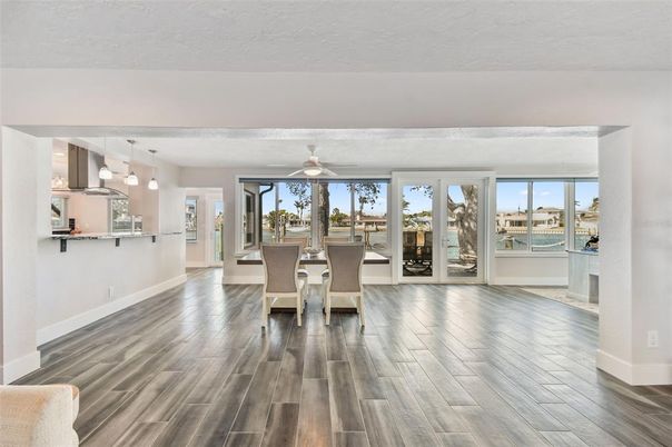 Dining room, Interior, Pendant Lights, Wood Texture Flooring