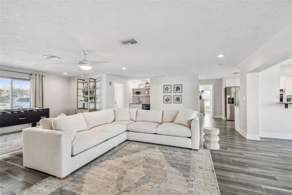 Interior, Kitchen, Living room, Recessed Lighting, Wood Texture Flooring