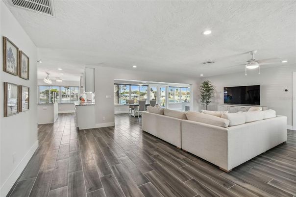 Interior, Kitchen, Living room, Recessed Lighting, Wood Texture Flooring