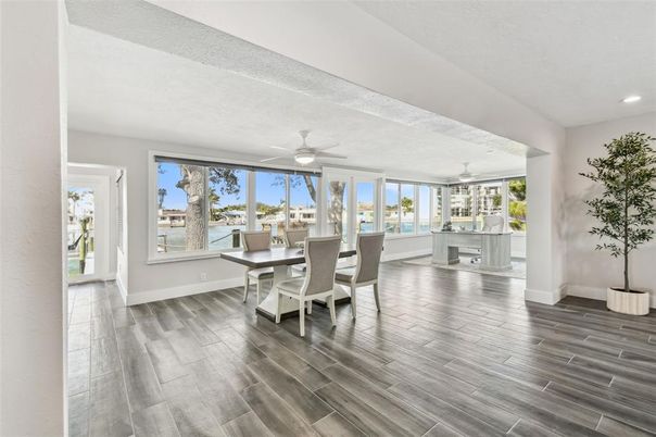 Dining room, Interior, Recessed Lighting, Wood Texture Flooring