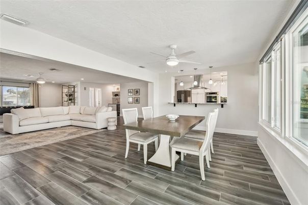 Dining room, Interior, Kitchen, Living room, Pendant Lights, Recessed Lighting, Wood Texture Flooring
