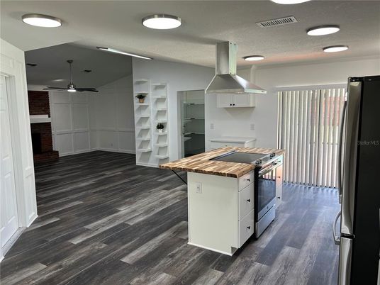 Interior, Kitchen, Recessed Lighting, Wood Texture Flooring