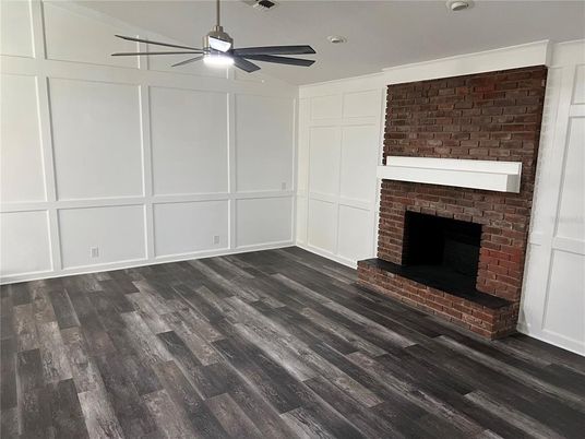 Empty room, Fireplace, Interior, Stone Walls, Wood Texture Flooring