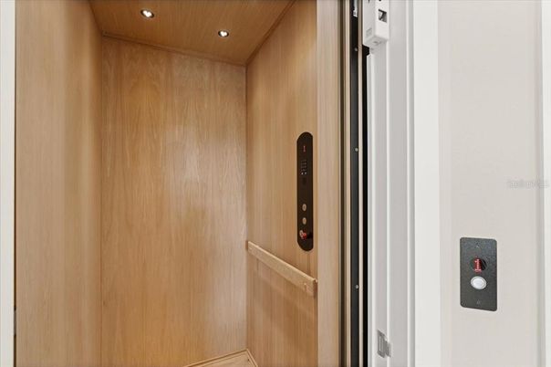 Elevator, Interior, Recessed Lighting, Wooden Ceilings, Wooden Walls