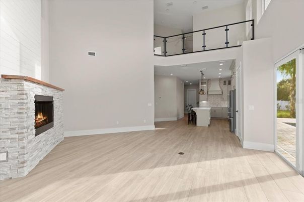 Fireplace, Interior, Kitchen, Pendant Lights, Recessed Lighting, Wood Texture Flooring
