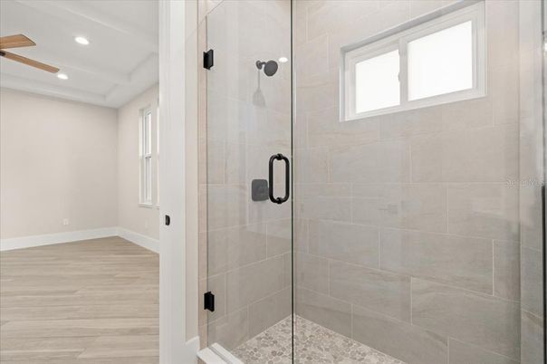 Bathroom, Glass Shower, Interior, Recessed Lighting, Wood Texture Flooring