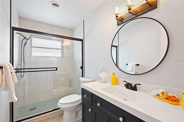 Bathroom, Glass Shower, Interior, Wood Texture Flooring