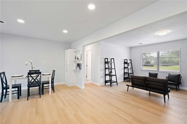 Dining room, Interior, Recessed Lighting, Wood Texture Flooring