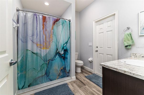 Bathroom, Interior, Recessed Lighting, Wood Texture Flooring