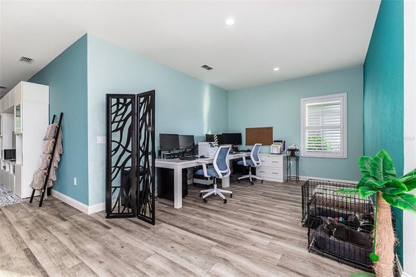 Home Office, Interior, Recessed Lighting, Wood Texture Flooring