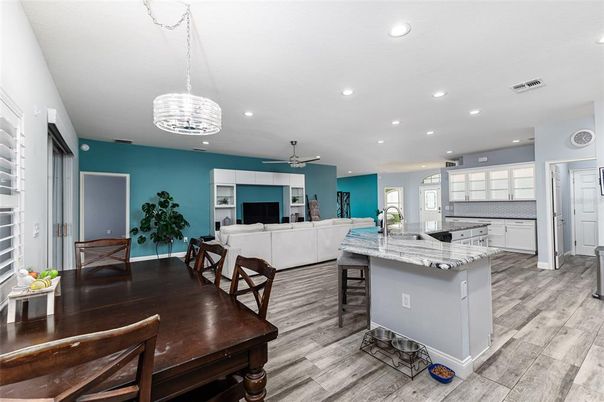 Dining room, Interior, Kitchen, Living room, Pendant Lights, Recessed Lighting, Wood Texture Flooring