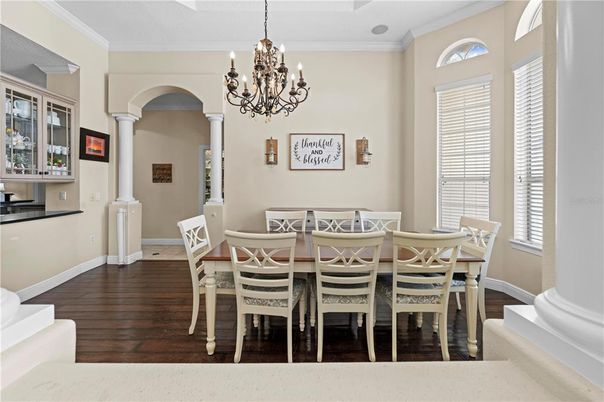 Chandelier, Dining room, Interior, Wood Texture Flooring