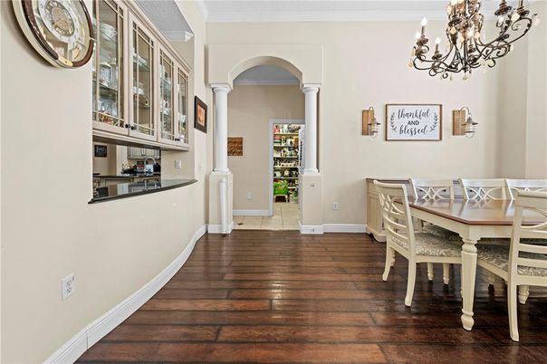 Chandelier, Dining room, Interior, Wood Texture Flooring