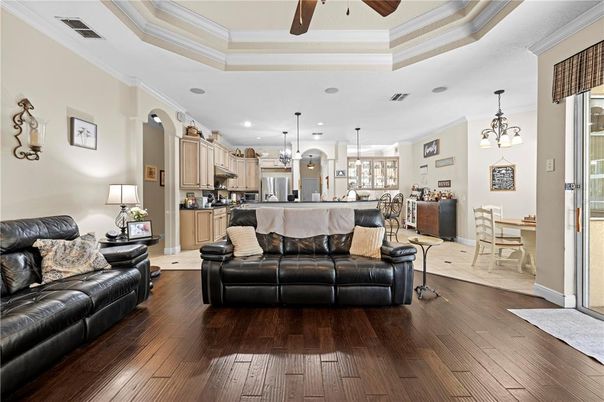 Dining room, Interior, Kitchen, Living room, Pendant Lights, Recessed Lighting, Stainless Steel Appliances, Wood Texture Flooring