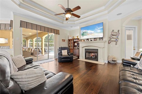 Fireplace, Interior, Living room, Recessed Lighting, Wood Texture Flooring