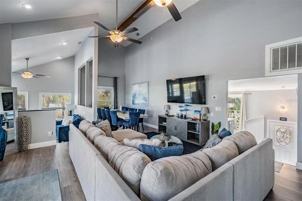 Dining room, Interior, Living room, Recessed Lighting, Wood Texture Flooring