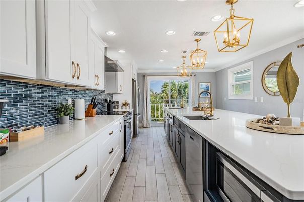 Chandelier, Interior, Kitchen, Pendant Lights, Recessed Lighting, Wood Texture Flooring