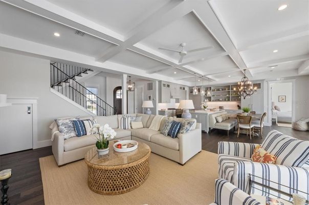 Chandelier, Dining room, Interior, Living room, Pendant Lights, Recessed Lighting, Wood Texture Flooring