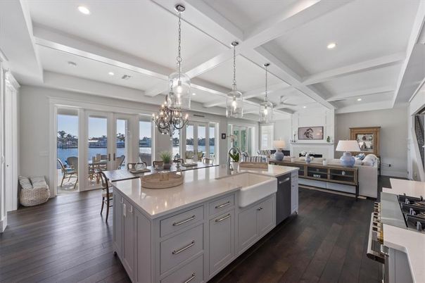 Chandelier, Dining room, Interior, Kitchen, Living room, Pendant Lights, Recessed Lighting, Water, Wood Texture Flooring
