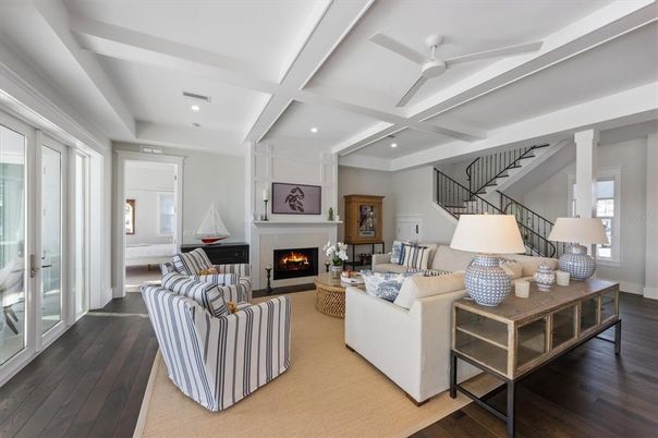 Fireplace, Interior, Living room, Recessed Lighting, Wood Texture Flooring