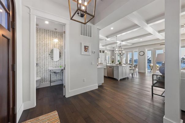 Chandelier, Interior, Kitchen, Pendant Lights, Recessed Lighting, Wood Texture Flooring