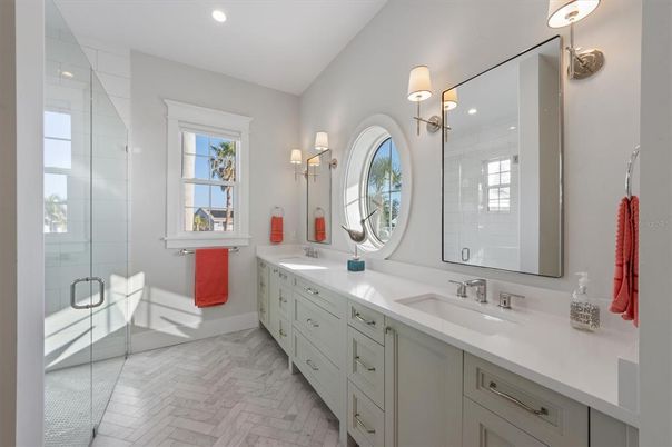 Bathroom, Dual Sink Vanities, Glass Shower, Interior, Recessed Lighting