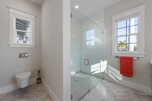 Bathroom, Glass Shower, Interior, Recessed Lighting, Wood Texture Flooring