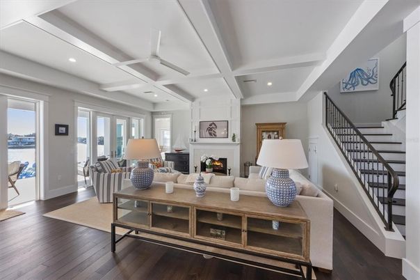 Fireplace, Interior, Living room, Recessed Lighting, Wood Texture Flooring