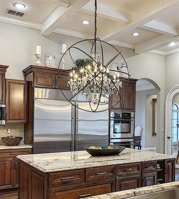 Chandelier, Interior, Kitchen, Recessed Lighting, Stainless Steel Appliances, Wood Texture Flooring