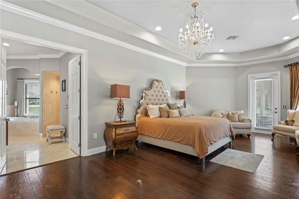 Bedroom, Chandelier, Interior, Recessed Lighting, Wood Texture Flooring