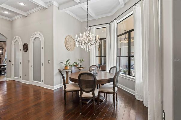 Chandelier, Dining room, Interior, Recessed Lighting, Wood Texture Flooring